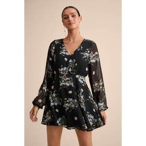 Lulus Always Your Black Floral Print Long Sleeve Skater Dress - Size S